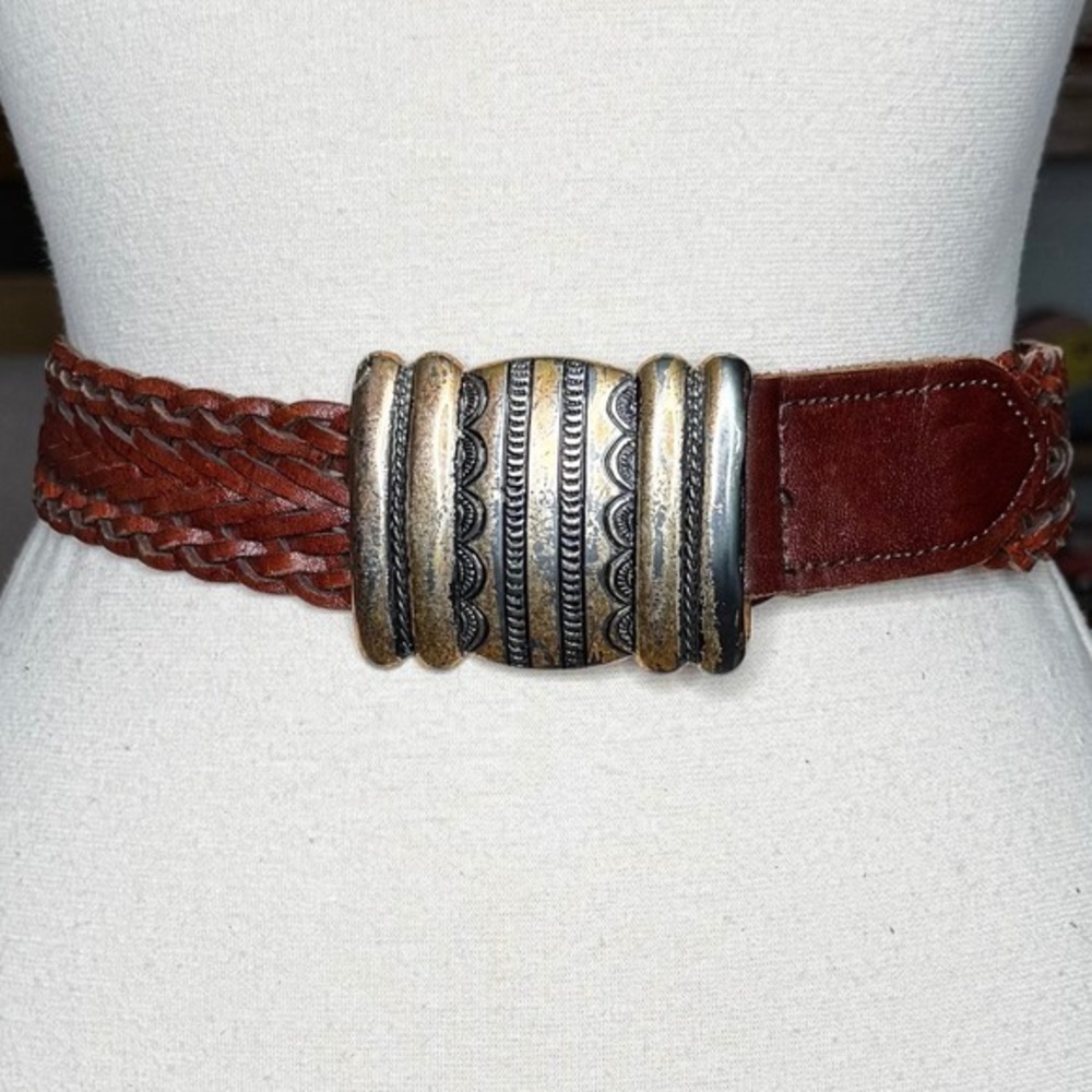 Small Medium Dark‎ brown boho leather braided belt with distressed buckle